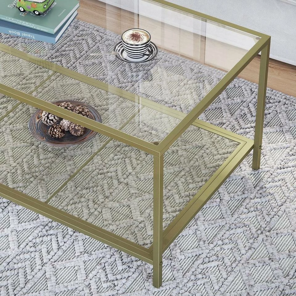 VASAGLE Couchtisch »LGT031A01«, Sofatisch, Beistelltisch, mit Hartglas und engmaschiger Gitterablage, aus Metallgestell, Gold-Transparent 6 VASAGLE Couchtisch »LGT031A01«, Sofatisch, Beistelltisch, mit Hartglas und engmaschiger Gitterablage, aus Metallgestell, Gold-Transparent – Bild 4