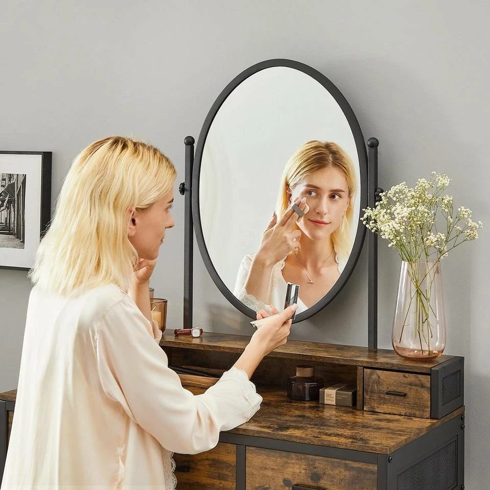 VASAGLE Schminktisch »RVT006A10/B01«, Frisiertisch, Kosmetiktisch, mit Hocker, mit ovalem Spiegel und 5 Schubladen Vintagebraun-Schwarz, Weiß-goldfarben 7 VASAGLE Schminktisch »RVT006A10/B01«, Frisiertisch, Kosmetiktisch, mit Hocker, mit ovalem Spiegel und 5 Schubladen Vintagebraun-Schwarz, Weiß-goldfarben – Bild 5