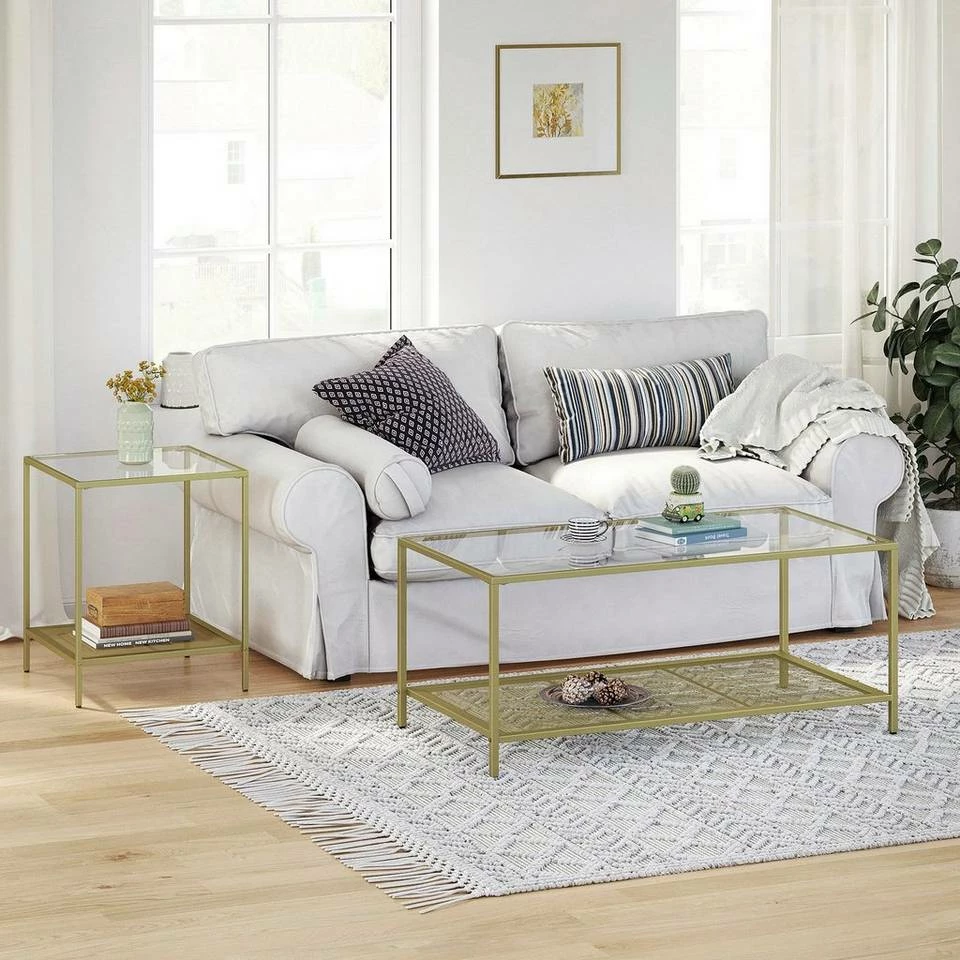 VASAGLE Couchtisch »LGT031A01«, Sofatisch, Beistelltisch, mit Hartglas und engmaschiger Gitterablage, aus Metallgestell, Gold-Transparent 10 VASAGLE Couchtisch »LGT031A01«, Sofatisch, Beistelltisch, mit Hartglas und engmaschiger Gitterablage, aus Metallgestell, Gold-Transparent – Bild 8