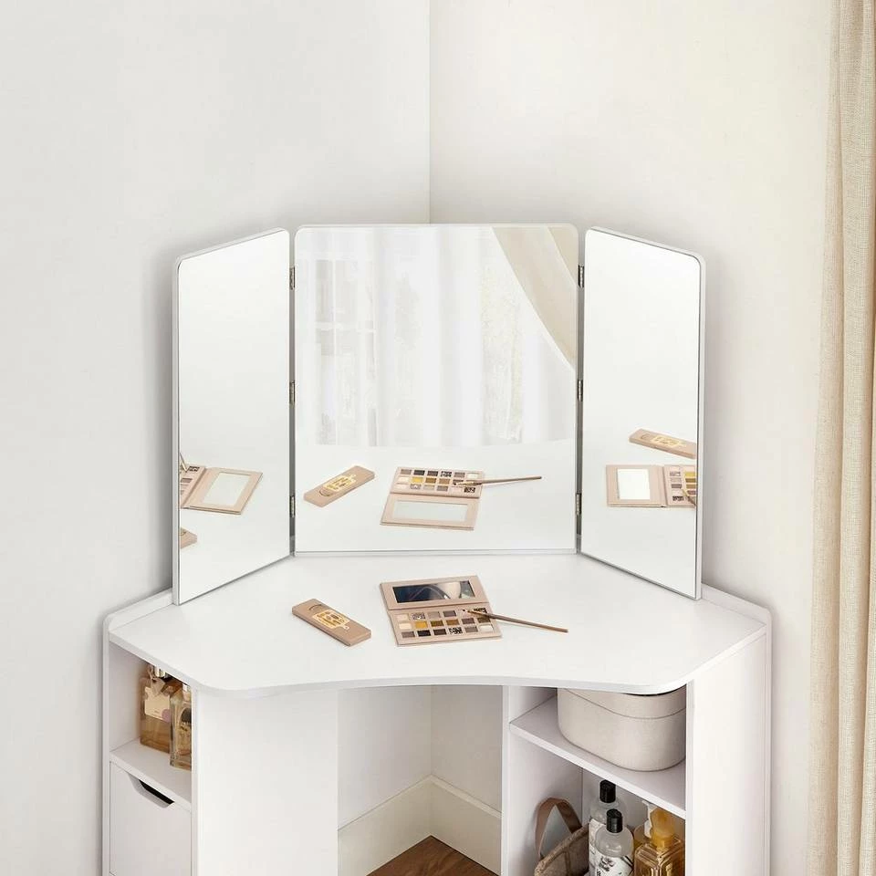 VASAGLE Schminktisch »RDT121T10«, Eckschminktisch, Frisiertisch,3-teiliger Klap pspiegel, 2 Schubladen, 3 offene Fächer 5 VASAGLE Schminktisch »RDT121T10«, Eckschminktisch, Frisiertisch,3-teiliger Klap pspiegel, 2 Schubladen, 3 offene Fächer – Bild 3
