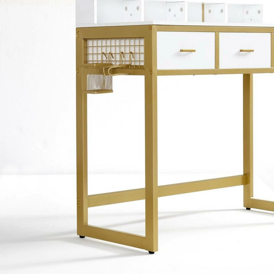 VASAGLE Schminktisch »RVT014A10 RVT014B01«, Frisiertisch, Kosmetiktisch mit Hocker, 10 LED-Glühbirnen, einstellbare Helligkeit Vintagebraun-Schwarz, Weiß-gold 18 VASAGLE Schminktisch »RVT014A10 RVT014B01«, Frisiertisch, Kosmetiktisch mit Hocker, 10 LED-Glühbirnen, einstellbare Helligkeit Vintagebraun-Schwarz, Weiß-gold – Bild 16