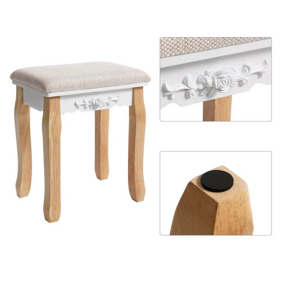 VASAGLE Schminktisch »RDT25WT/BK/K«, Frisiertisch, Kosmetiktisch, mit Spiegel ohne Rahmen, Polsterhocker, Massivholzbeinen Schwarz, Weiß-Natur, Weiß 8 VASAGLE Schminktisch »RDT25WT/BK/K«, Frisiertisch, Kosmetiktisch, mit Spiegel ohne Rahmen, Polsterhocker, Massivholzbeinen Schwarz, Weiß-Natur, Weiß – Bild 6