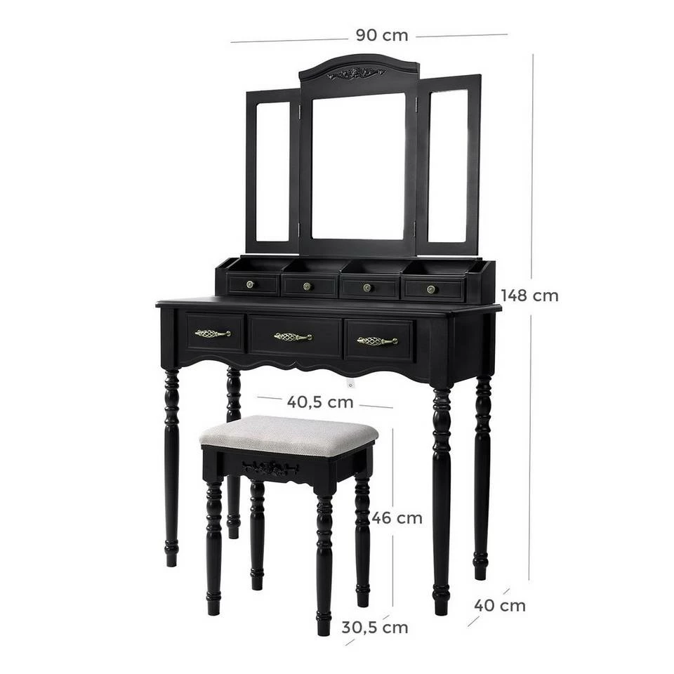 VASAGLE Schminktisch »RDT60WT RDT60BK«, Frisiertisch, Kosmetiktisch mit 3-teiliger Klappspiegel,mit Hocker Schwarz, Weiß 20 VASAGLE Schminktisch »RDT60WT RDT60BK«, Frisiertisch, Kosmetiktisch mit 3-teiliger Klappspiegel,mit Hocker Schwarz, Weiß – Bild 18