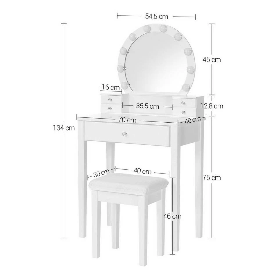 VASAGLE Schminktisch »RDT151W01«, Frisiertisch, Kosmetiktisch, mit 10 dimmbare Glühbirnen, gepolsterter Hocker 11 VASAGLE Schminktisch »RDT151W01«, Frisiertisch, Kosmetiktisch, mit 10 dimmbare Glühbirnen, gepolsterter Hocker – Bild 9