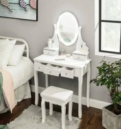 VASAGLE Schminktisch »RDT09WL«, Frisiertisch, Kosmetiktisch mit Beleuchtung, mit Spiegel und Hocker, 5 Schubladen