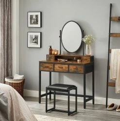 VASAGLE Schminktisch »RVT006A10/B01«, Frisiertisch, Kosmetiktisch, mit Hocker, mit ovalem Spiegel und 5 Schubladen Vintagebraun-Schwarz, Weiß-goldfarben