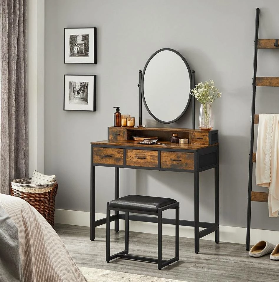 VASAGLE Schminktisch »RVT006A10/B01«, Frisiertisch, Kosmetiktisch, mit Hocker, mit ovalem Spiegel und 5 Schubladen Vintagebraun-Schwarz, Weiß-goldfarben 3 VASAGLE Schminktisch »RVT006A10/B01«, Frisiertisch, Kosmetiktisch, mit Hocker, mit ovalem Spiegel und 5 Schubladen Vintagebraun-Schwarz, Weiß-goldfarben