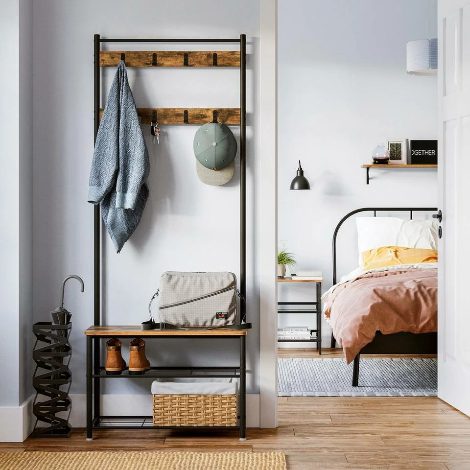 VASAGLE Garderobenständer »HSR41«, Kleiderständer mit Schuhablagen, vintage Grau, Walnussbraun 4 VASAGLE Garderobenständer »HSR41«, Kleiderständer mit Schuhablagen, vintage Grau, Walnussbraun – Bild 2