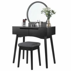 VASAGLE Schminktisch »RDT11BK RDT11K«, Frisiertisch, mit rundem Spiegel und gepolstertem Hocker, 2 große Schubladen Schwarz | schwarz, Weiß | natur -Vasagleaus Geschaft 2b25869b f740 4993 8992 03dc916f2888