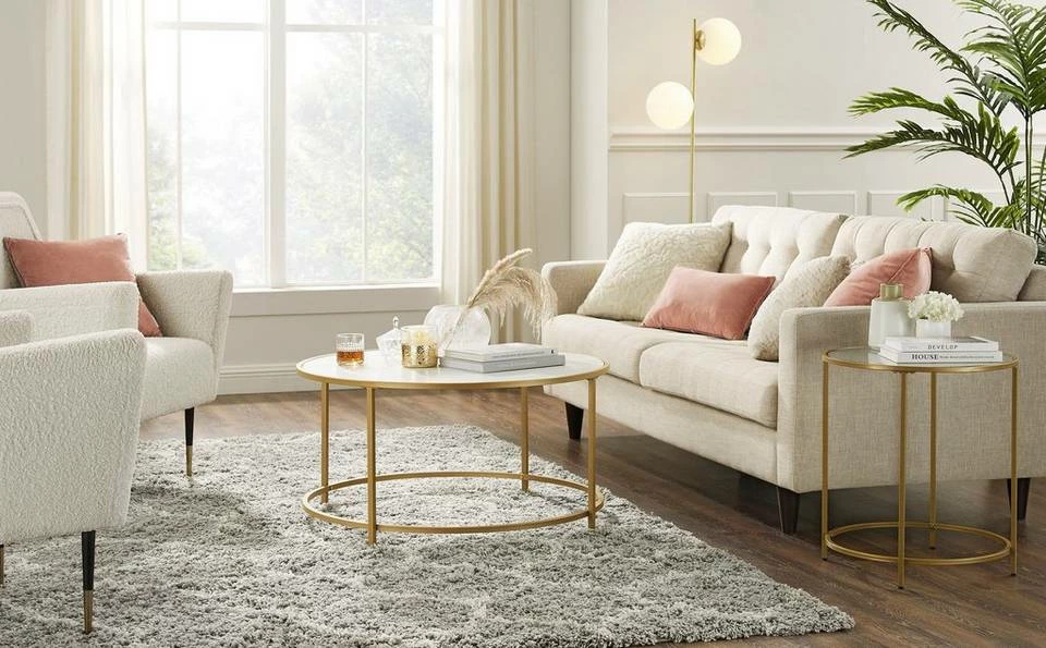 VASAGLE Couchtisch »LCT091A10«, Beistelltisch, Sofatisch, rund, mit goldfarbenem Stahlrahmen, modern, Ø 84 cm, weiß-goldfarben 11 VASAGLE Couchtisch »LCT091A10«, Beistelltisch, Sofatisch, rund, mit goldfarbenem Stahlrahmen, modern, Ø 84 cm, weiß-goldfarben – Bild 9