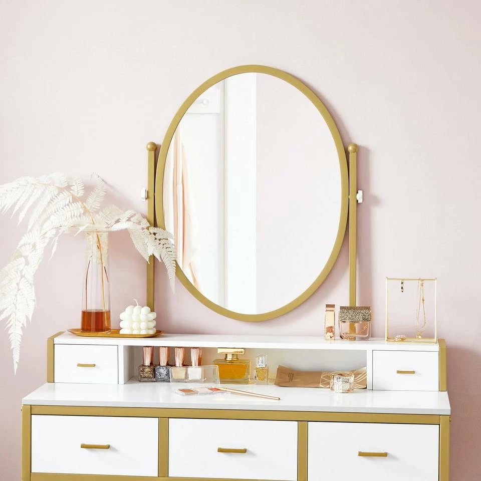 VASAGLE Schminktisch »RVT006A10/B01«, Frisiertisch, Kosmetiktisch, mit Hocker, mit ovalem Spiegel und 5 Schubladen Vintagebraun-Schwarz, Weiß-goldfarben 15 VASAGLE Schminktisch »RVT006A10/B01«, Frisiertisch, Kosmetiktisch, mit Hocker, mit ovalem Spiegel und 5 Schubladen Vintagebraun-Schwarz, Weiß-goldfarben – Bild 13