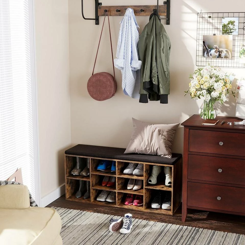 VASAGLE Schuhbank »LHS10«, Schuhregal, Sitzbank, 10 Fächer, mit Polsterung, multifunktional, 104 x 30 x 48 cm Natur, Vintage, Weiß 4 VASAGLE Schuhbank »LHS10«, Schuhregal, Sitzbank, 10 Fächer, mit Polsterung, multifunktional, 104 x 30 x 48 cm Natur, Vintage, Weiß – Bild 2