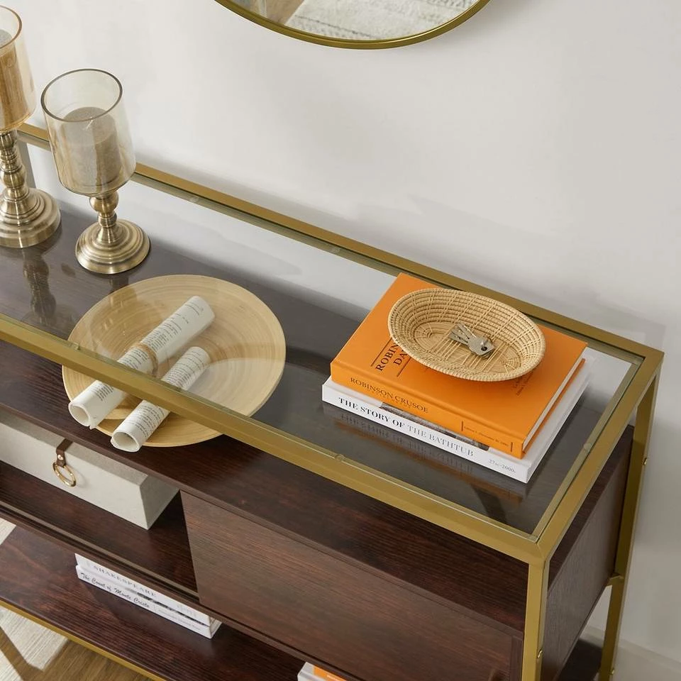 VASAGLE Konsolentisch »LSC016B24«, Beistelltisch, Flurtisch, mit Schiebetür, Schokoladenbraun-Mattgold 7 VASAGLE Konsolentisch »LSC016B24«, Beistelltisch, Flurtisch, mit Schiebetür, Schokoladenbraun-Mattgold – Bild 5