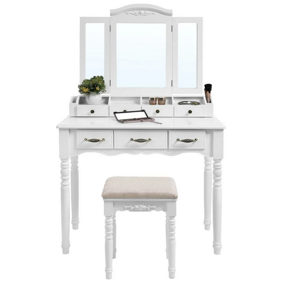 VASAGLE Schminktisch »RDT60WT RDT60BK«, Frisiertisch, Kosmetiktisch mit 3-teiliger Klappspiegel,mit Hocker Schwarz, Weiß 10 VASAGLE Schminktisch »RDT60WT RDT60BK«, Frisiertisch, Kosmetiktisch mit 3-teiliger Klappspiegel,mit Hocker Schwarz, Weiß – Bild 8