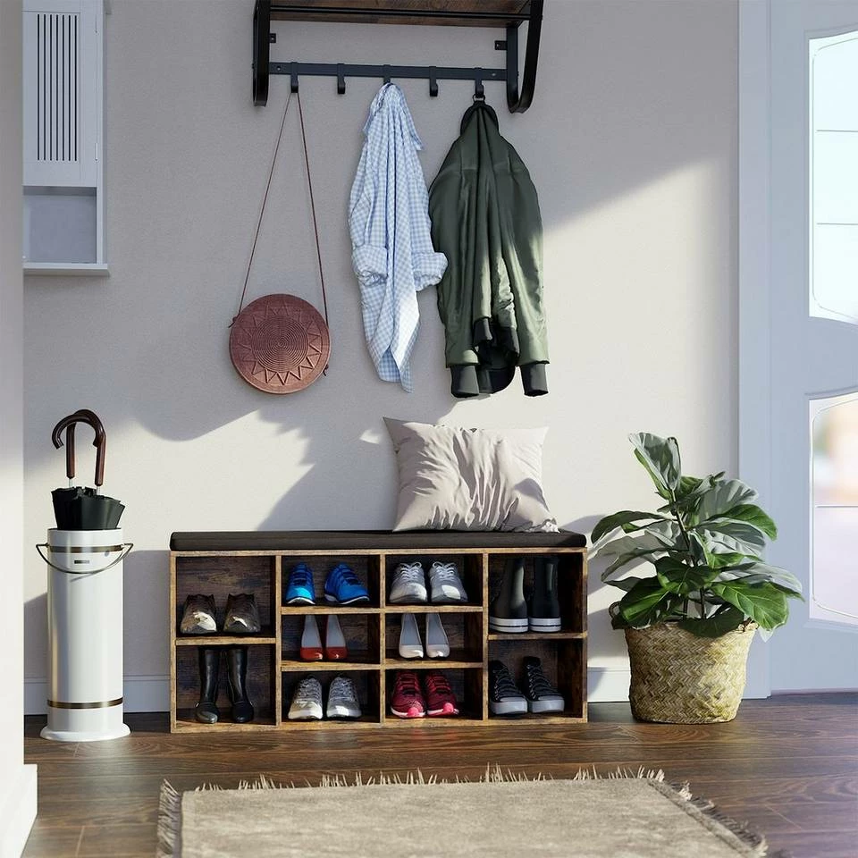 VASAGLE Schuhbank »LHS10«, Schuhregal, Sitzbank, 10 Fächer, mit Polsterung, multifunktional, 104 x 30 x 48 cm Natur, Vintage, Weiß 5 VASAGLE Schuhbank »LHS10«, Schuhregal, Sitzbank, 10 Fächer, mit Polsterung, multifunktional, 104 x 30 x 48 cm Natur, Vintage, Weiß – Bild 3