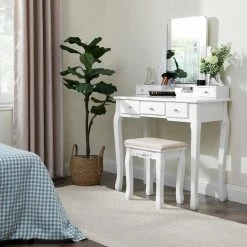 VASAGLE Schminktisch »RDT25WT/BK/K«, Frisiertisch, Kosmetiktisch, mit Spiegel ohne Rahmen, Polsterhocker, Massivholzbeinen Schwarz, Weiß-Natur, Weiß 37 VASAGLE Schminktisch »RDT25WT/BK/K«, Frisiertisch, Kosmetiktisch, mit Spiegel ohne Rahmen, Polsterhocker, Massivholzbeinen Schwarz, Weiß-Natur, Weiß -Vasagleaus Geschaft 458ea5ce 92ca 42cb 903b c20554fa54ea