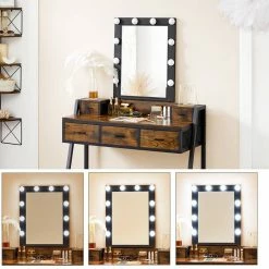 VASAGLE Schminktisch »RVT015B01«, Frisiertisch, Kosmetiktisch, mit Hocker und Spiegel, 10 LED-Glühbirnen, vintage