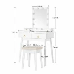 VASAGLE Schminktisch »RDT173W01«, Frisiertisch,Kosmetiktisch mit 10 Glühbirnen und gepolsterter Hocker, Massivholzbeinen -Vasagleaus Geschaft 4fdf84d5 fcf2 4c9c a082 322e1d050355