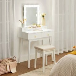 VASAGLE Schminktisch »RDT173W01«, Frisiertisch,Kosmetiktisch mit 10 Glühbirnen und gepolsterter Hocker, Massivholzbeinen -Vasagleaus Geschaft 5302a864 50df 4a13 8a00 4599a480d03e