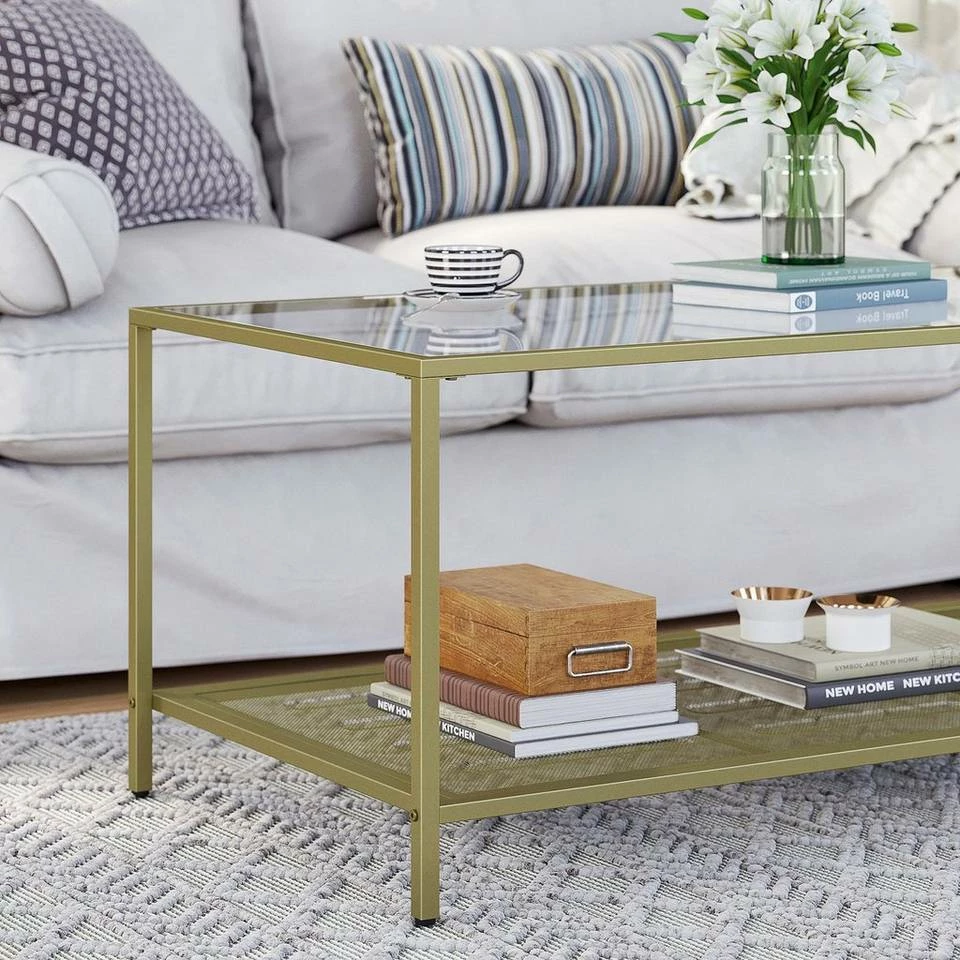 VASAGLE Couchtisch »LGT031A01«, Sofatisch, Beistelltisch, mit Hartglas und engmaschiger Gitterablage, aus Metallgestell, Gold-Transparent 5 VASAGLE Couchtisch »LGT031A01«, Sofatisch, Beistelltisch, mit Hartglas und engmaschiger Gitterablage, aus Metallgestell, Gold-Transparent – Bild 3