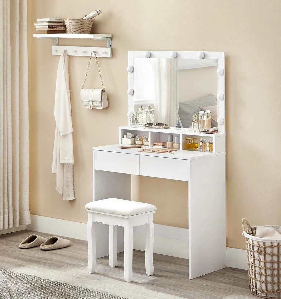 VASAGLE Schminktisch »RDT120T10«, Frisiertisch, Kosmetiktisch mit 9 LED-Glühbirnen und Spiegel, einstellbare Helligkeit, 2 Schubladen und 3 offene Fächer 6 VASAGLE Schminktisch »RDT120T10«, Frisiertisch, Kosmetiktisch mit 9 LED-Glühbirnen und Spiegel, einstellbare Helligkeit, 2 Schubladen und 3 offene Fächer – Bild 4