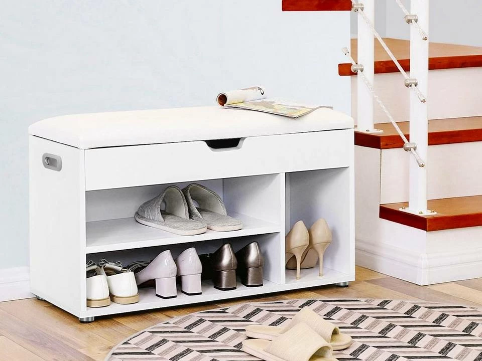 VASAGLE Schuhbank »LHS30«, Sitzbank, gepolstert, 3 offene Fächer, mit Stauraum, bis 150 kg belastbar Vintage, Weiß 4 VASAGLE Schuhbank »LHS30«, Sitzbank, gepolstert, 3 offene Fächer, mit Stauraum, bis 150 kg belastbar Vintage, Weiß – Bild 2