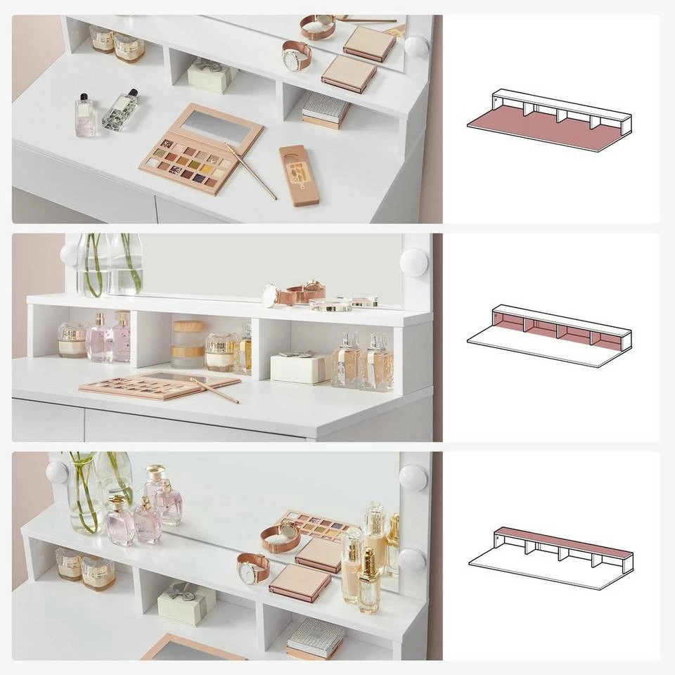 VASAGLE Schminktisch »RDT120T10«, Frisiertisch, Kosmetiktisch mit 9 LED-Glühbirnen und Spiegel, einstellbare Helligkeit, 2 Schubladen und 3 offene Fächer 7 VASAGLE Schminktisch »RDT120T10«, Frisiertisch, Kosmetiktisch mit 9 LED-Glühbirnen und Spiegel, einstellbare Helligkeit, 2 Schubladen und 3 offene Fächer – Bild 5