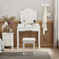 VASAGLE Schminktisch »RDT170W01«, Frisiertisch, Kosmetiktisch, mit gepolsterter Hocker, 10 Glühbirnen, weiß