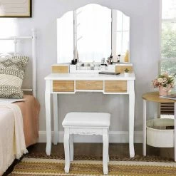 VASAGLE Schminktisch »RDT28K RDT28WT«, Frisiertisch, Kosmetiktisch mit Klappspiegel und 5 Schubladen, mit Hocker Natur, Weiß -Vasagleaus Geschaft 720ae73e cd95 4e4c 8b7b 4a66580cd937