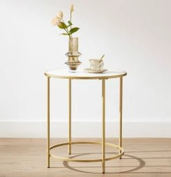 VASAGLE Beistelltisch »LET282A10«, Nachttisch, rund, mit Oberfläche aus Holzspanplatte und goldfarbenem Metallrahmen, weiß-goldfarben