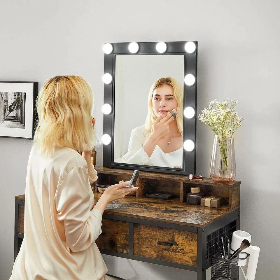 VASAGLE Schminktisch »RVT014A10 RVT014B01«, Frisiertisch, Kosmetiktisch mit Hocker, 10 LED-Glühbirnen, einstellbare Helligkeit Vintagebraun-Schwarz, Weiß-gold 6 VASAGLE Schminktisch »RVT014A10 RVT014B01«, Frisiertisch, Kosmetiktisch mit Hocker, 10 LED-Glühbirnen, einstellbare Helligkeit Vintagebraun-Schwarz, Weiß-gold – Bild 4