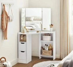 VASAGLE Schminktisch »RDT121T10«, Eckschminktisch, Frisiertisch,3-teiliger Klap pspiegel, 2 Schubladen, 3 offene Fächer