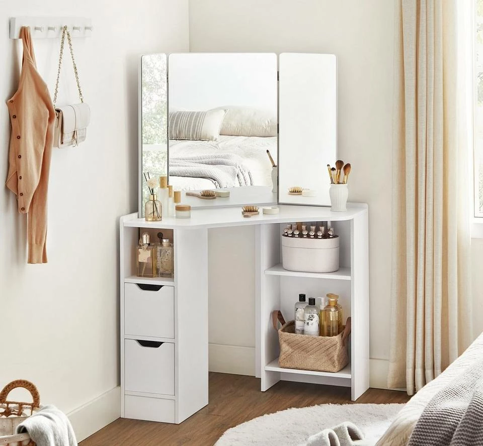 VASAGLE Schminktisch »RDT121T10«, Eckschminktisch, Frisiertisch,3-teiliger Klap pspiegel, 2 Schubladen, 3 offene Fächer 3 VASAGLE Schminktisch »RDT121T10«, Eckschminktisch, Frisiertisch,3-teiliger Klap pspiegel, 2 Schubladen, 3 offene Fächer