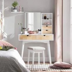 VASAGLE Schminktisch »RDT32K«, Frisiertisch, Kosmetiktisch mit Hocker, 4 Schubladen, weiß-naturfarben