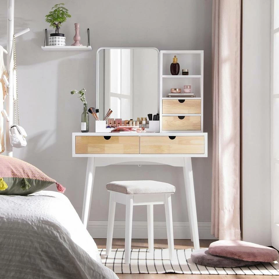 VASAGLE Schminktisch »RDT32K«, Frisiertisch, Kosmetiktisch mit Hocker, 4 Schubladen, weiß-naturfarben 3 VASAGLE Schminktisch »RDT32K«, Frisiertisch, Kosmetiktisch mit Hocker, 4 Schubladen, weiß-naturfarben