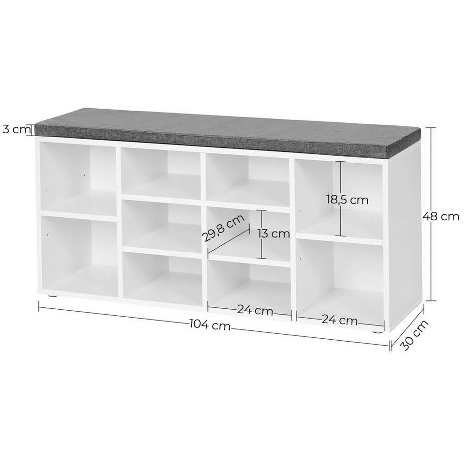 VASAGLE Schuhbank »LHS10«, Schuhregal, Sitzbank, 10 Fächer, mit Polsterung, multifunktional, 104 x 30 x 48 cm Natur, Vintage, Weiß 30 VASAGLE Schuhbank »LHS10«, Schuhregal, Sitzbank, 10 Fächer, mit Polsterung, multifunktional, 104 x 30 x 48 cm Natur, Vintage, Weiß – Bild 28