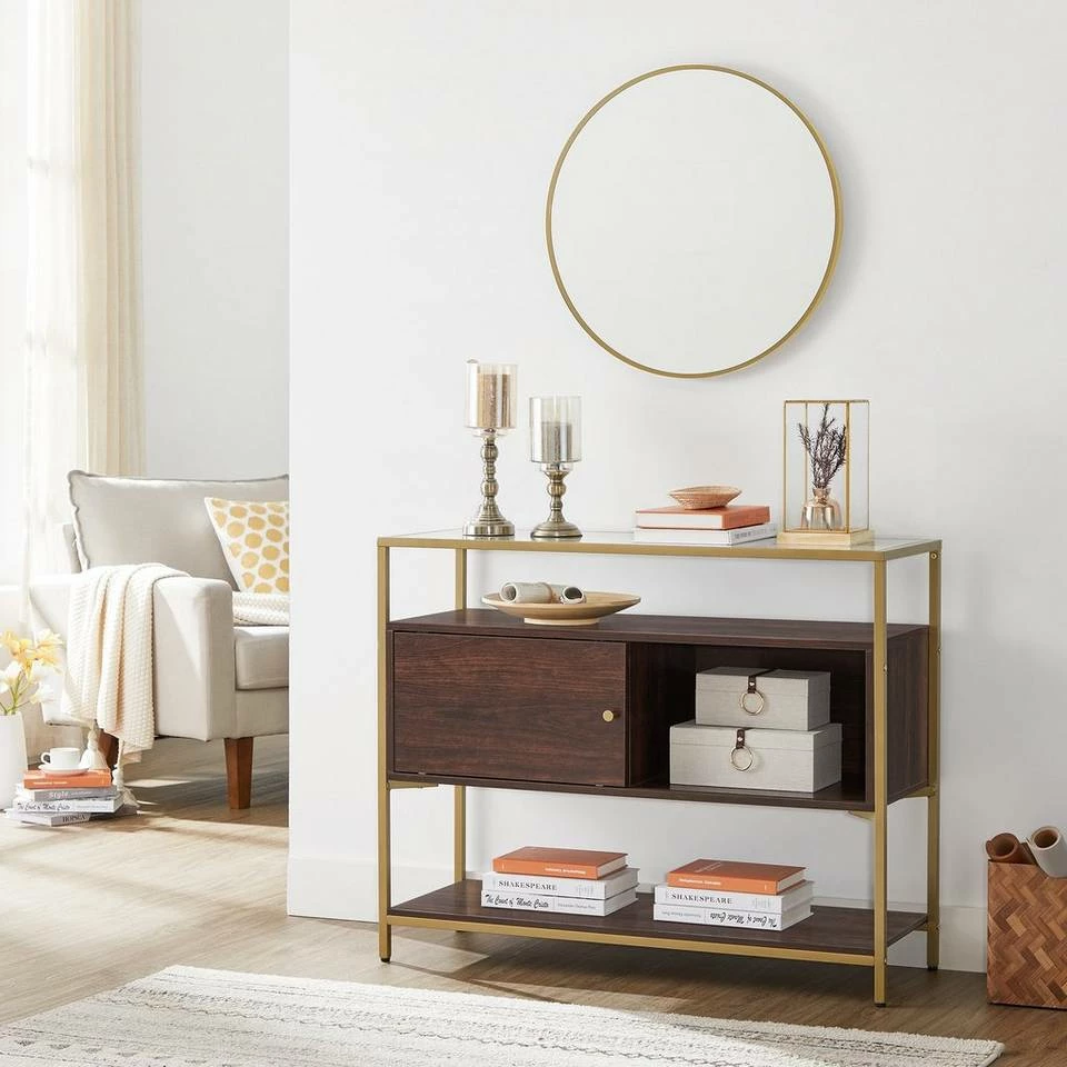 VASAGLE Konsolentisch »LSC016B24«, Beistelltisch, Flurtisch, mit Schiebetür, Schokoladenbraun-Mattgold 4 VASAGLE Konsolentisch »LSC016B24«, Beistelltisch, Flurtisch, mit Schiebetür, Schokoladenbraun-Mattgold – Bild 2