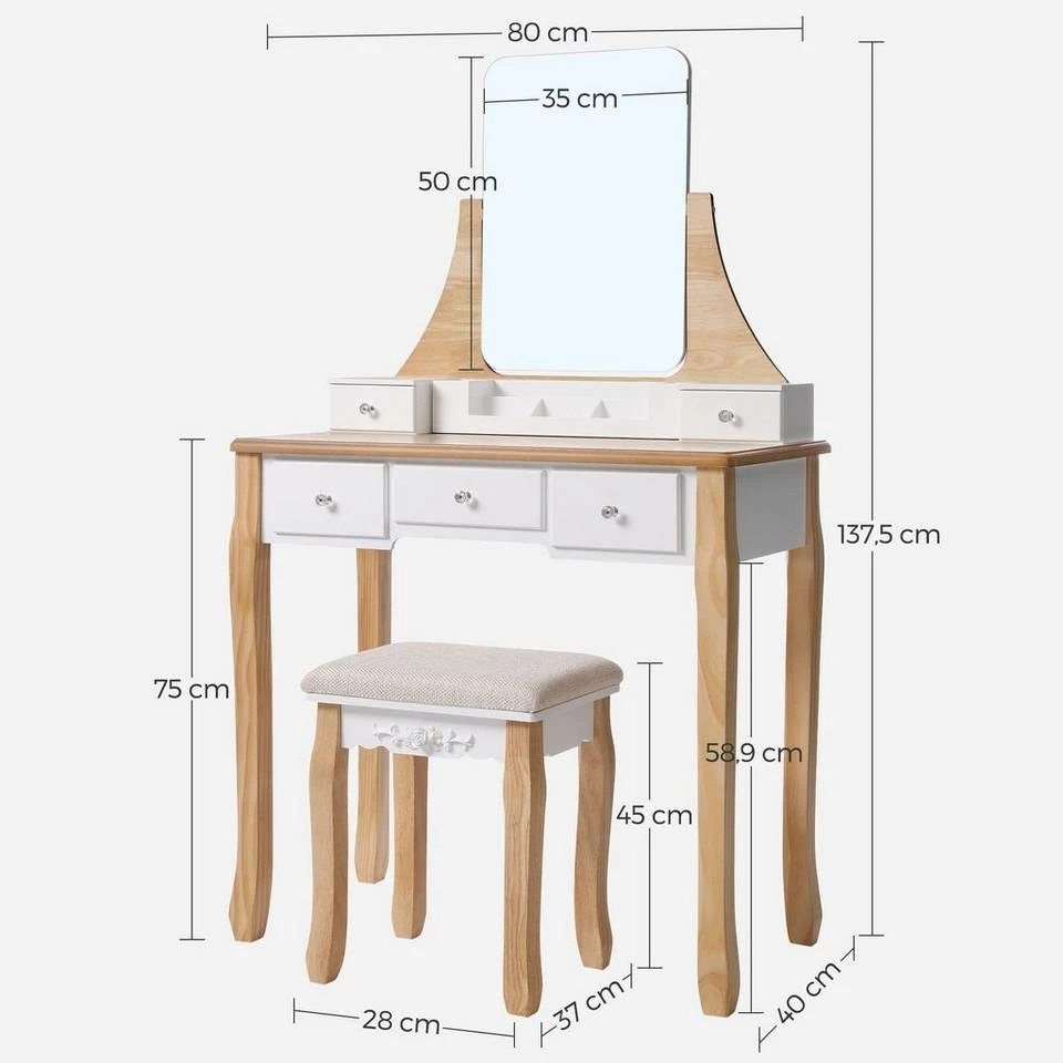 VASAGLE Schminktisch »RDT25WT/BK/K«, Frisiertisch, Kosmetiktisch, mit Spiegel ohne Rahmen, Polsterhocker, Massivholzbeinen Schwarz, Weiß-Natur, Weiß 11 VASAGLE Schminktisch »RDT25WT/BK/K«, Frisiertisch, Kosmetiktisch, mit Spiegel ohne Rahmen, Polsterhocker, Massivholzbeinen Schwarz, Weiß-Natur, Weiß – Bild 9