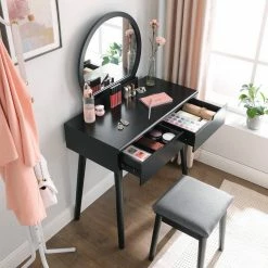 VASAGLE Schminktisch »RDT11BK RDT11K«, Frisiertisch, mit rundem Spiegel und gepolstertem Hocker, 2 große Schubladen Schwarz | schwarz, Weiß | natur -Vasagleaus Geschaft 8f6e1809 fac8 4c63 974e 9b78593d9756