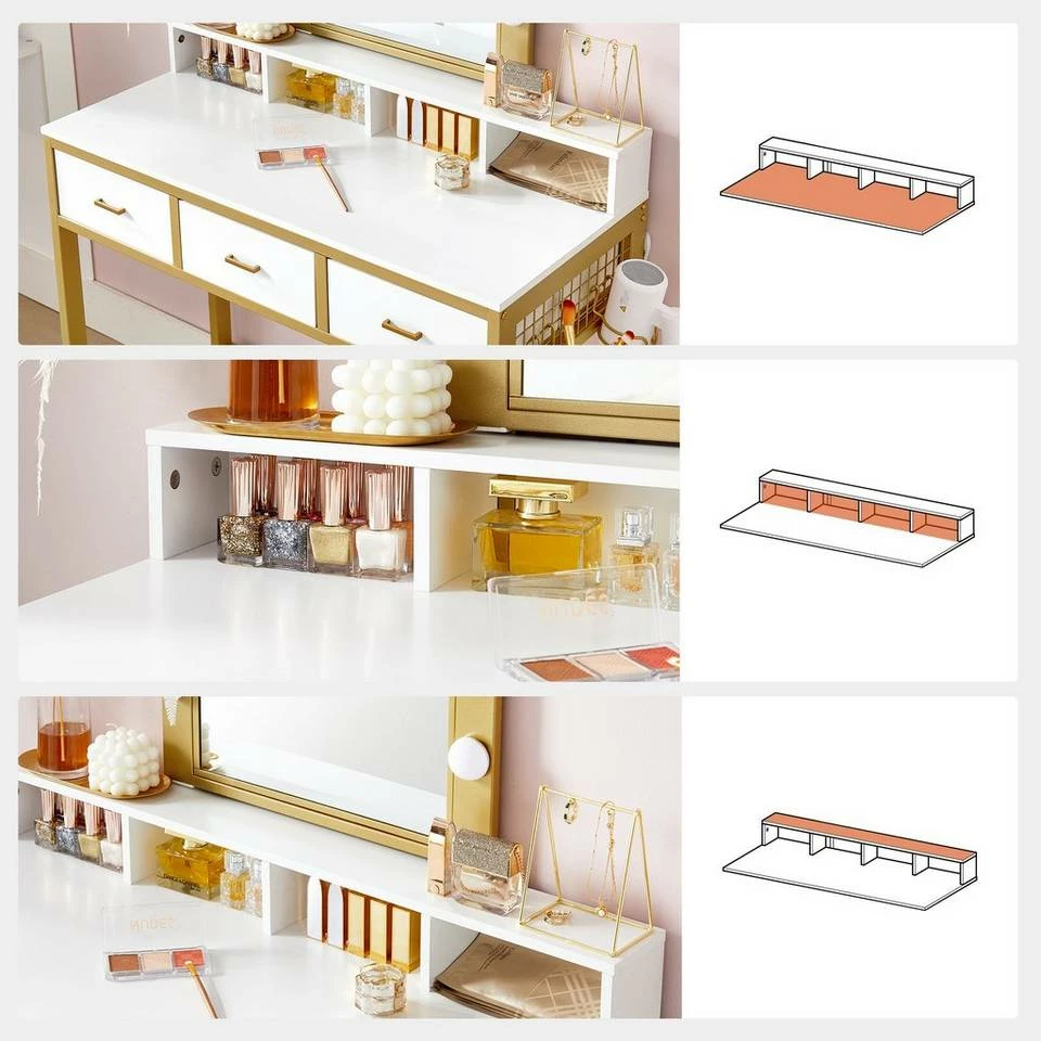 VASAGLE Schminktisch »RVT014A10 RVT014B01«, Frisiertisch, Kosmetiktisch mit Hocker, 10 LED-Glühbirnen, einstellbare Helligkeit Vintagebraun-Schwarz, Weiß-gold 16 VASAGLE Schminktisch »RVT014A10 RVT014B01«, Frisiertisch, Kosmetiktisch mit Hocker, 10 LED-Glühbirnen, einstellbare Helligkeit Vintagebraun-Schwarz, Weiß-gold – Bild 14