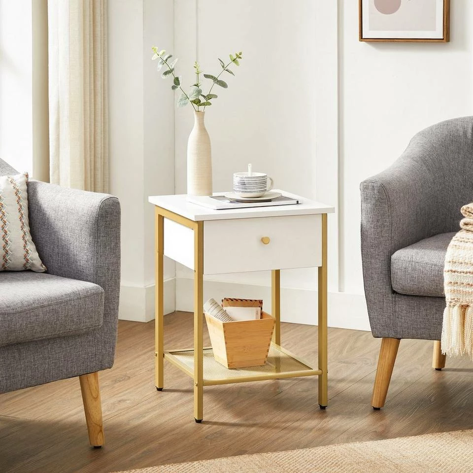 VASAGLE Nachttisch »LET512A10«, Beistelltisch, mit Schublade und Gitterablage, modern, weiß-goldfarben 6 VASAGLE Nachttisch »LET512A10«, Beistelltisch, mit Schublade und Gitterablage, modern, weiß-goldfarben – Bild 4