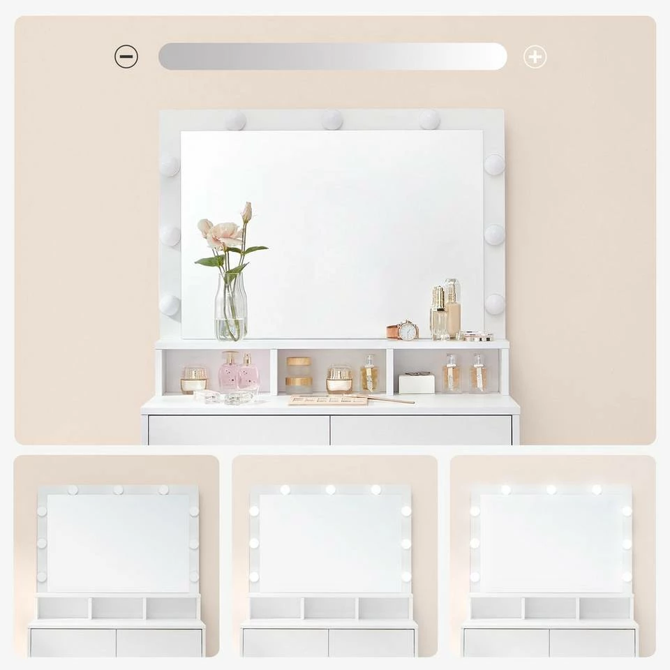 VASAGLE Schminktisch »RDT120T10«, Frisiertisch, Kosmetiktisch mit 9 LED-Glühbirnen und Spiegel, einstellbare Helligkeit, 2 Schubladen und 3 offene Fächer 4 VASAGLE Schminktisch »RDT120T10«, Frisiertisch, Kosmetiktisch mit 9 LED-Glühbirnen und Spiegel, einstellbare Helligkeit, 2 Schubladen und 3 offene Fächer – Bild 2