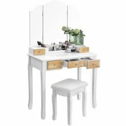 VASAGLE Schminktisch »RDT28K RDT28WT«, Frisiertisch, Kosmetiktisch mit Klappspiegel und 5 Schubladen, mit Hocker Natur, Weiß -Vasagleaus Geschaft 9cbec143 c3f5 4a78 b1bb 392d2ceb7329