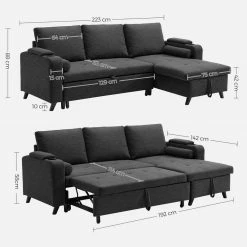 VASAGLE Schlafsofa »LCS801«, Bettsofa mit Stauraum, Ecksofa, mit Becherhalter, einfache Montage, 223 x 142 x 88 cm (L x B x H), modern Dunkelgrau, Hellgrau -Vasagleaus Geschaft 9de7b840 e1fa 499d bfb6 ebad4dd86531