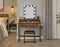 VASAGLE Schminktisch »RVT014A10 RVT014B01«, Frisiertisch, Kosmetiktisch mit Hocker, 10 LED-Glühbirnen, einstellbare Helligkeit Vintagebraun-Schwarz, Weiß-gold