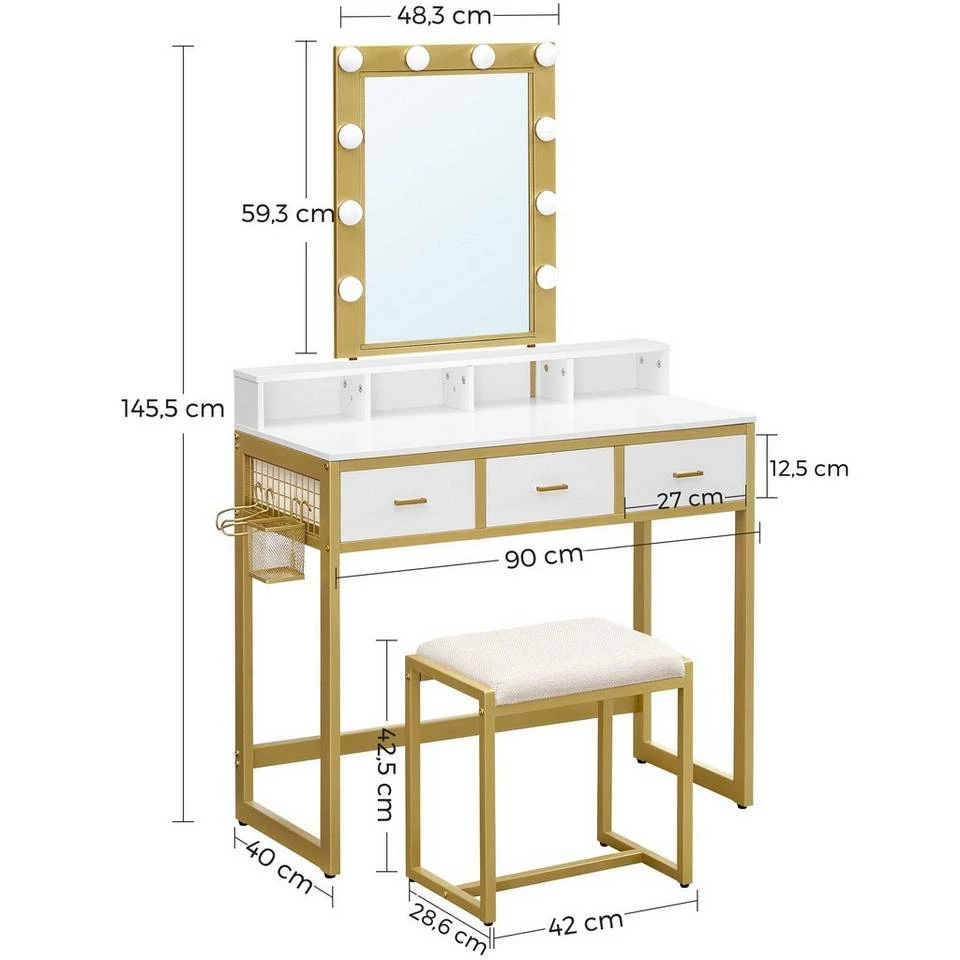 VASAGLE Schminktisch »RVT014A10 RVT014B01«, Frisiertisch, Kosmetiktisch mit Hocker, 10 LED-Glühbirnen, einstellbare Helligkeit Vintagebraun-Schwarz, Weiß-gold 19 VASAGLE Schminktisch »RVT014A10 RVT014B01«, Frisiertisch, Kosmetiktisch mit Hocker, 10 LED-Glühbirnen, einstellbare Helligkeit Vintagebraun-Schwarz, Weiß-gold – Bild 17