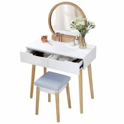 VASAGLE Schminktisch »RDT11BK RDT11K«, Frisiertisch, mit rundem Spiegel und gepolstertem Hocker, 2 große Schubladen Schwarz | schwarz, Weiß | natur -Vasagleaus Geschaft b188804d 4c1e 46af 9906 b9c3736b74bf