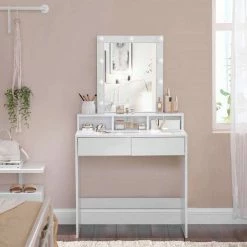 VASAGLE Schminktisch »RDT114W01«, Frisiertisch,Kosmetiktisch mit Spiegel und Glühbirnen, mit 2 Schubladen,weiß