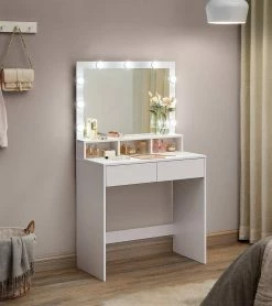 VASAGLE Schminktisch »RDT120T10«, Frisiertisch, Kosmetiktisch mit 9 LED-Glühbirnen und Spiegel, einstellbare Helligkeit, 2 Schubladen und 3 offene Fächer