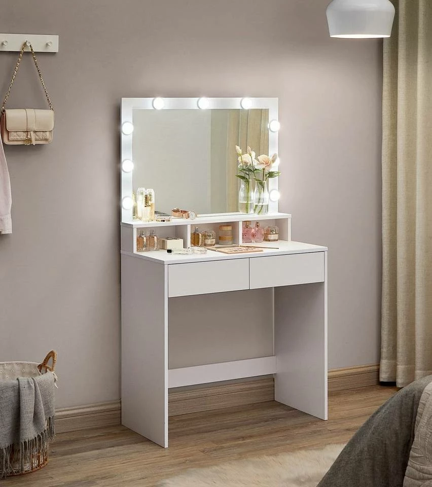 VASAGLE Schminktisch »RDT120T10«, Frisiertisch, Kosmetiktisch mit 9 LED-Glühbirnen und Spiegel, einstellbare Helligkeit, 2 Schubladen und 3 offene Fächer 3 VASAGLE Schminktisch »RDT120T10«, Frisiertisch, Kosmetiktisch mit 9 LED-Glühbirnen und Spiegel, einstellbare Helligkeit, 2 Schubladen und 3 offene Fächer